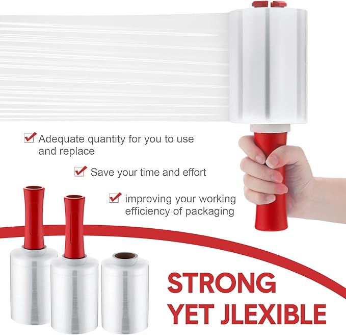 Jutom 16 Pcs Stretch Wrap Roll Plastic Wrap for Moving with 2 Handles 5" x 1000 ft Packaging Shrink Film Self Adhering Shipping Supplies for Moving Furniture Pallet (Clear, Red)