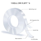 Double Sided Tape, Nano Tape, Transparent Adhesive Tape, Traceless Adhesive Tape, Removable, Washable, Reusable, Suitable for Carpets, Photo Walls, 9.85Ft Per Roll, 6 Rolls