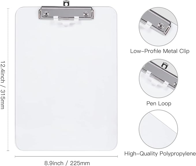 Hongri Plastic Clipboard with Pen Holder, Clear 8.5x11 Letter Size Clip Board for Classroom, Office, Students, Nurses and Women, Low Profile Clip, Size 12.5 x 9 in(Pack of 2)