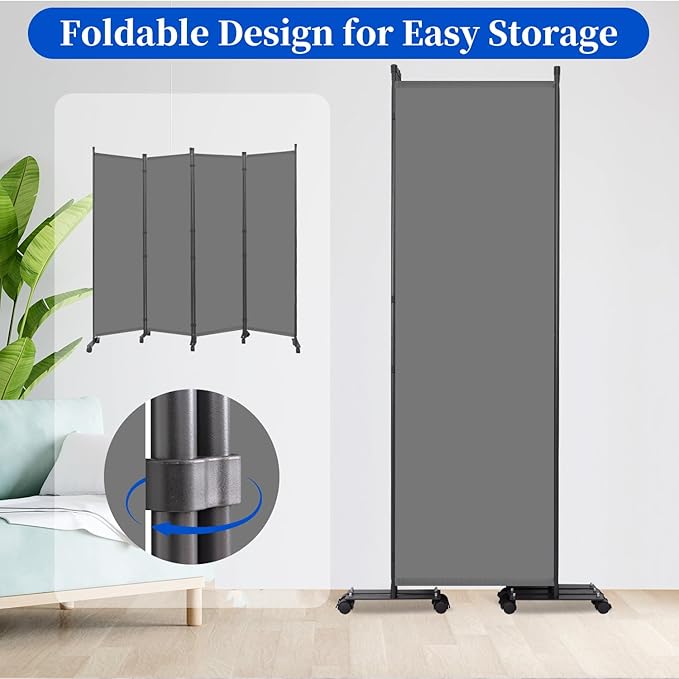 Room Divider 6FT Room Partition with Lockable Wheels, (Thicked Metal Base) Room Dividers, Freestanding Indoor Folding Privacy Screens, Portable Fabric Wall Divider for (Grey, 88"- 4 Panel)