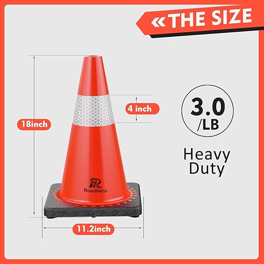 RoadHero 8 Pack Traffic Safety Cones 18 Inch, PVC Cone with Black Weighted Base, Orange Cones with Reflective Collar, Cones for Parking Lot, Construction Events, Road Safety