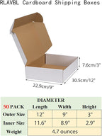 RLAVBL 12x9x3 Inches Shipping Boxes Set of 50, White Small Corrugated Cardboard Box, Mailer Boxes for Packing Small Business
