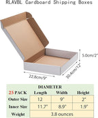 RLAVBL 12x9x2 Shipping Boxes Set of 25, White Corrugated Cardboard Box for Packing, Mailing, Business