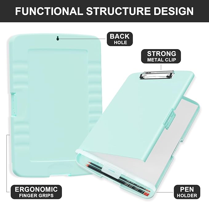 Plastic Clipboard with Storage, 8.5 x 11 Storage Organization Box Side-Opening, Heavy Duty Clip Board with Pen Holder and Paper Folder for Nurses, Teachers, Office & School Supply, Light Blue