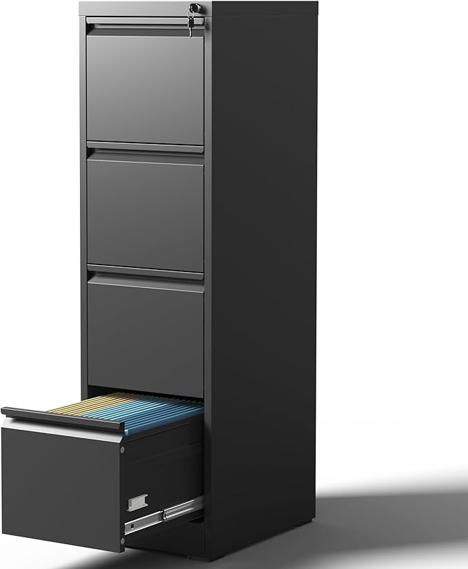 4 Drawer File Cabinet with Lock, Steel Vertical Filing Cabinets for Home Office, Metal Storage Cabinet for Hanging Legal/Letter Size Files, Assembly Required (Black)