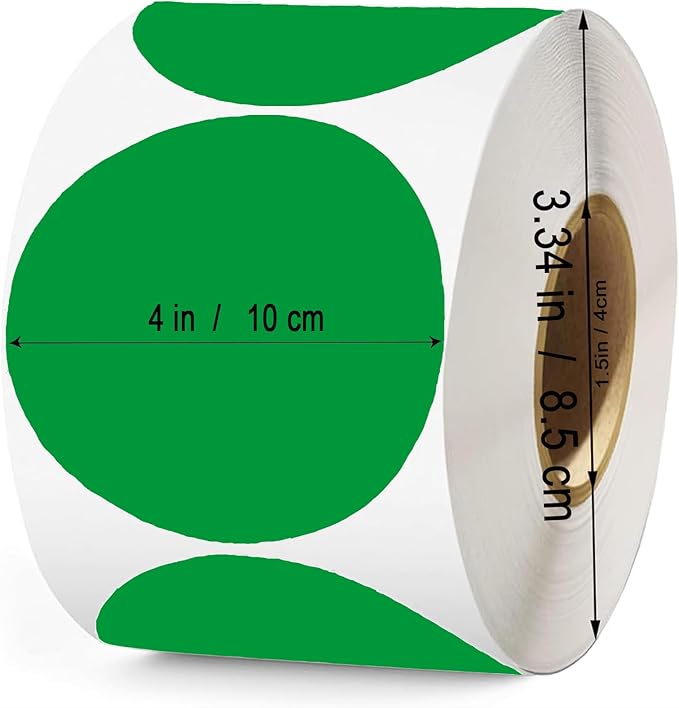 4 Inch Large Green Circle Thermal Labels, Self-Adhesive Round Inventory Stickers, Multi-Purpose Round Roll Thermal Printing Stickers for Business and Domestic Use-300 Labels/Roll