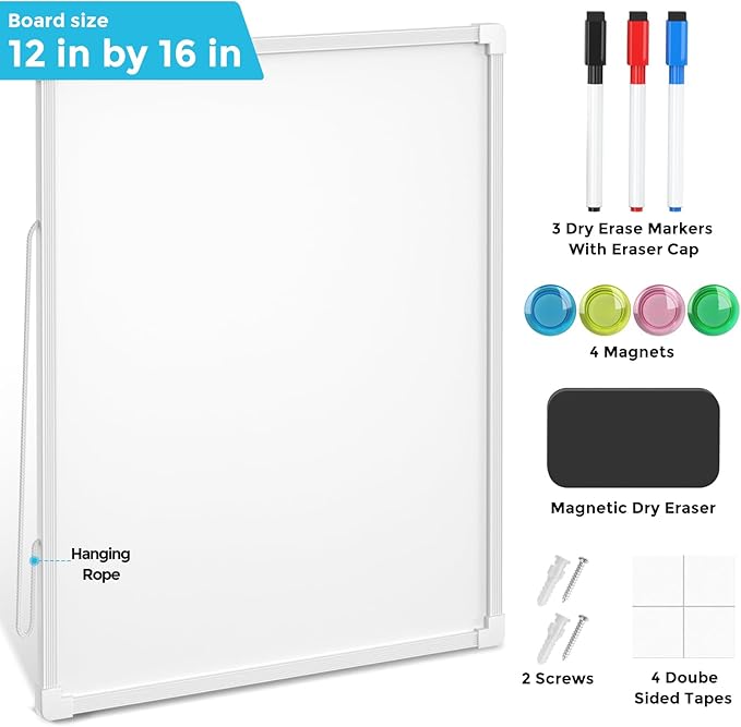 MaxGear Double-Sided Dry Erase Board for Wall, 16"x12" Hanging Whiteboard, Small Dry Erase White Board with 3 Markers & 4 Magnets, Portable Whiteboard for Planning, Drawing, Memo, to Do List
