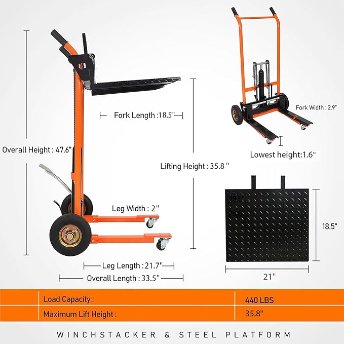 Material Lift Hydraulic Stacker, 440 lbs Capacity Hydraulic Table Cart, 35.8" Lifting Height Manual Forklift Stacker, Pallet Jack Truck Dolly with Swivel Casters and Lift Plate (Orange)