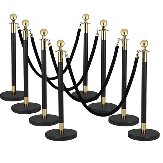 Crowd Control Barriers Black Gold Stanchions Posts, 8pcs Poles and Black Velvet Ropes 6pcs, Queue Barrier Line Divider with Fillable Plastic Base for Airport,Parties,Grand Opening