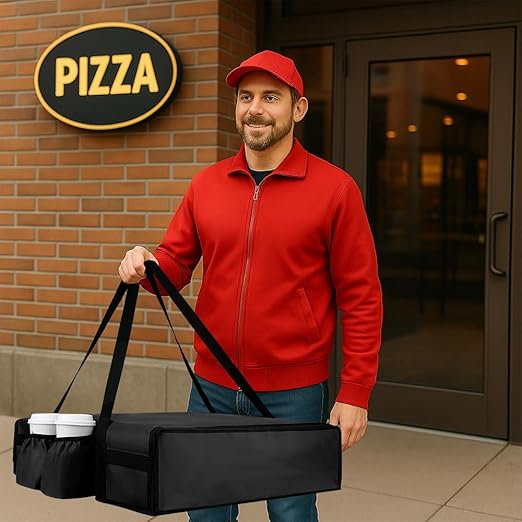 Insulated Pizza Delivery Bag with 4 Cup Holders, 24" x 6" Pizza Warmer Bag for Hot Pizza/Drinks, Pizza Carrier for Events, Large Food Delivery Carrier for Transport/Shopping/Catering, Black