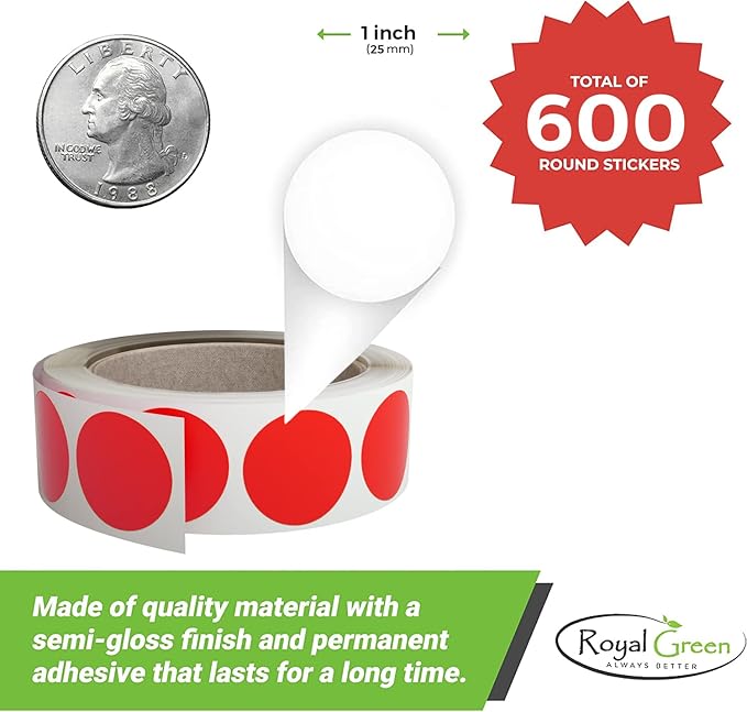 Royal Green Round Labels 1 Inch - Black Dot Stickers on a Roll 25mm - 600 Pack