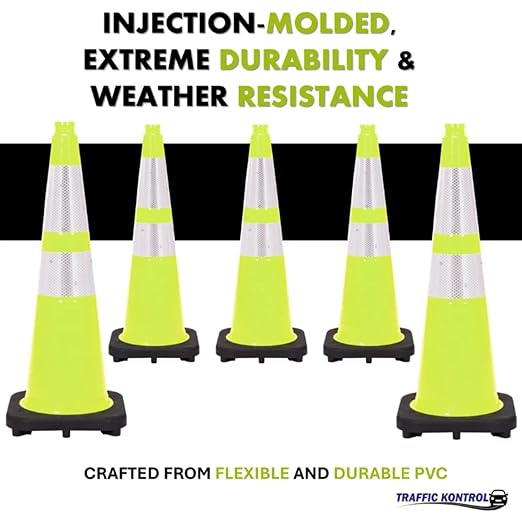 24 Pack 28" Inch Lime Traffic Safety Cones with Dual Reflective Collars - High Visibility Industrial Pylons Traffic Cones for Road, Parking Lots, Driving, Construction