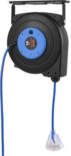 VEVOR Retractable Extension Cord Reel, 50 FT, Heavy Duty 14AWG/3C SJTOW Extension Power Cord with Lighted Triple Tap Outlet, 13A Circuit Breaker 180° Swivel Bracket for Ceiling or Wall Mount, Blue