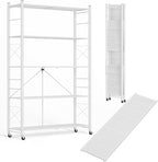 ALANNG 40" W Foldable 5-Tier Storage Shelves with Wheels, Adjustable & Removable Metal Rack, Heavy Duty Rolling Organizer for Kitchen, Garage, Closet, Pantry, and Office (White,1 Pack)