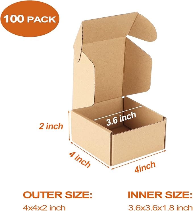 PHAREGE 4x4x2 inch Shipping Boxes Bulk 100 Pack Brown, Tab Lock Tuck Top Mailer Boxes for Packaging Small Business, Small Cardboard Gift Boxes for Wrapping Mailing Present