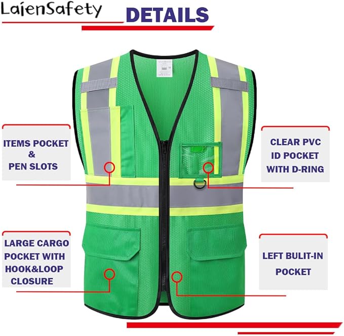 Hi Vis Reflective Safety Vest for Men Women with Multiple Pockets High Visibility Mesh Construction Work Vest,Meets ANSI/ISEA Standards(EK1-178-Green-3XL)