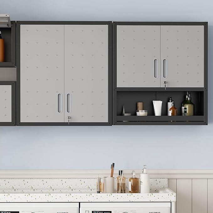 Metal Garage Wall Cabinet with Lock, Wall Mounted Metal Storage Cabinets with Doors and Shelf, Lockable Floating Tool Storage for Garage Basement Utility Room