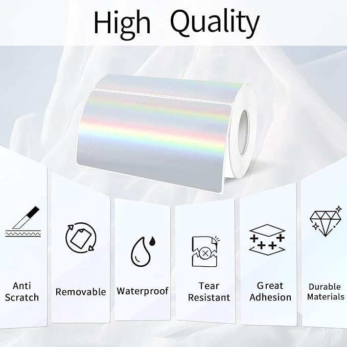 2x4 Inch Holographic Thermal Labels, Silver Direct Thermal Stickers Label, Self-Adhesive Glitter Thermals Printer Sticker Labels, Perforation Line Design- 200Pcs/ 1 Roll