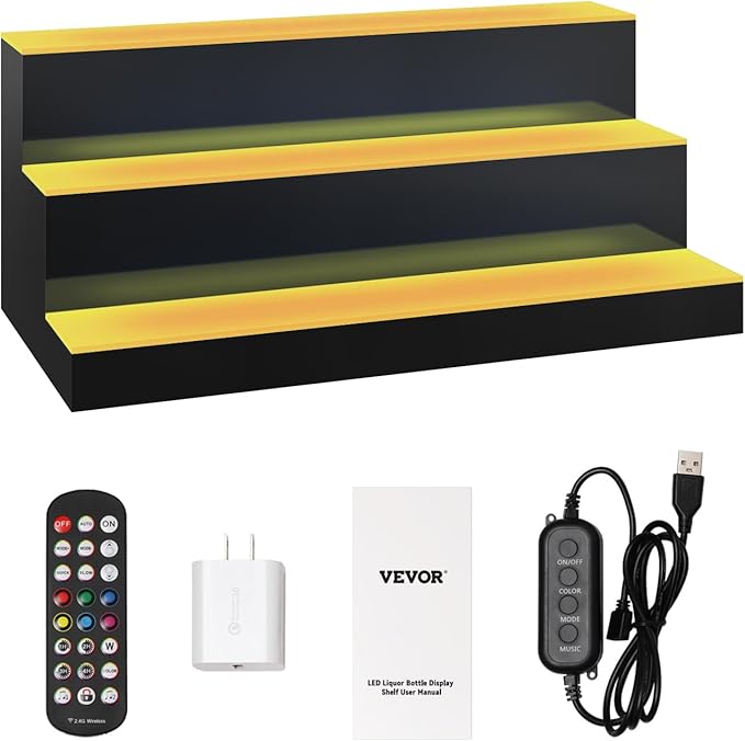 VEVOR LED Lighted Liquor Bottle Display, 3 Tiers 24 Inches, Supports USB, Illuminated Home Bar Shelf with RF Remote & App Control 7 Static Colors 1-4 H Timing, Acrylic Lighted Shelf for 18 Bottles
