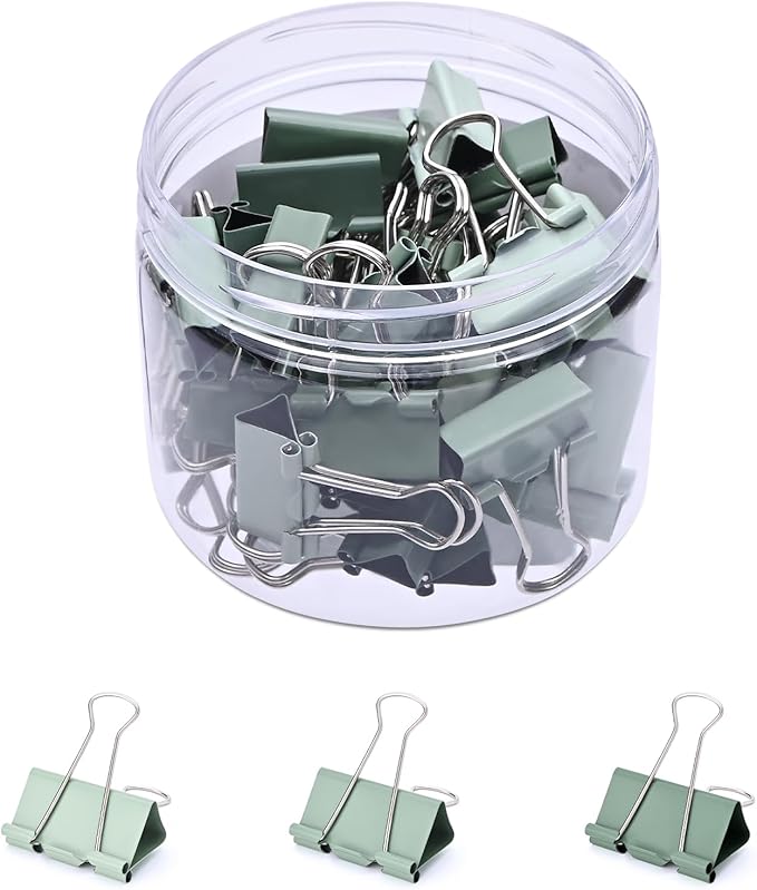 Temiary Aesthetic Binder Clips, 40 Pcs 0.75 Inches Small Metal Binder Clip with Clear Storage Container, Binding Paperwork Clamps for School Teachers Office Supplies (Green)