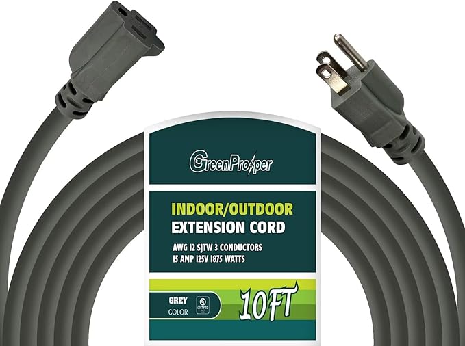 10 FT 12 Gauge Extension Cord Outdoor, Heavy Duty Weatherproof & Flame Retardant Black 3 Prong Power Cord, Outside for Garden & Lawn, 15 Amps 1875 Watts 125 VAC 12AWG SJTW, UL Listed