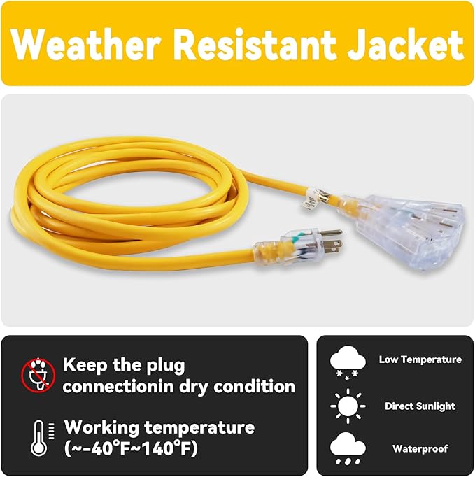 EP 20 Ft 12 Gauge Heavy Duty Extension Cord, 15A 125V 1875W, 3 Outlet Indoor/Outdoor Power Cord with Lighted End, 12/3 SJTW Weatherproof Yellow, UL Listed