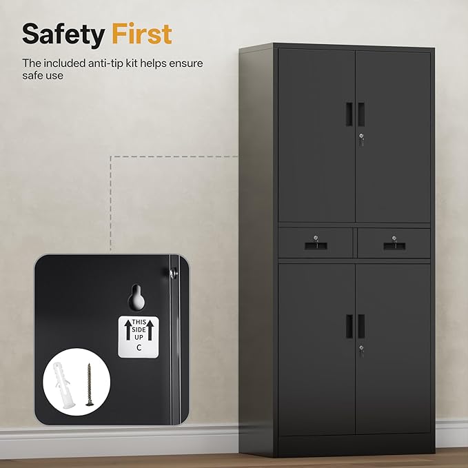 Metal Storage Cabinet，71" Garage Storage Cabinet with 2 Locking Drawer and 2 Adjustable Shelves ，Black Tool Cabinet，Lockable File Steel Cabinet for Home, Office, Gym, School.