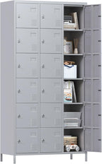 72" inch Employee Locker, Tall Metal Locker with 18 Doors, Storage Locker for Employees School Hospital Garage Gym Home Office with Hooks Requires Assembly (Light Gray)