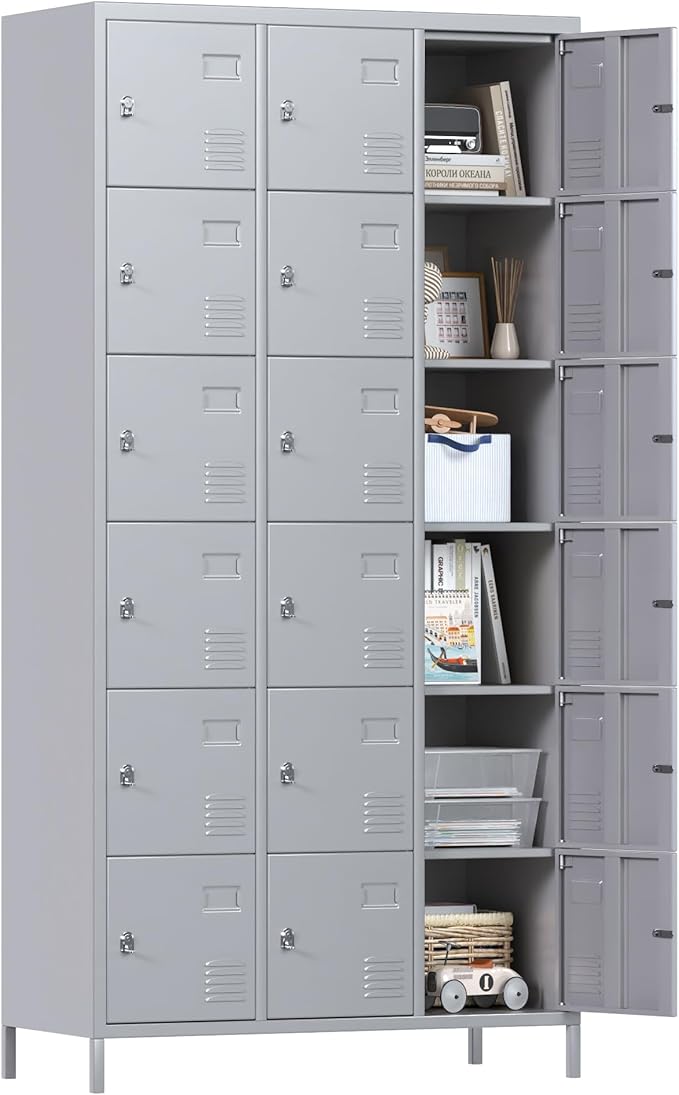 72" inch Employee Locker, Tall Metal Locker with 18 Doors, Storage Locker for Employees School Hospital Garage Gym Home Office with Hooks Requires Assembly (Light Gray)