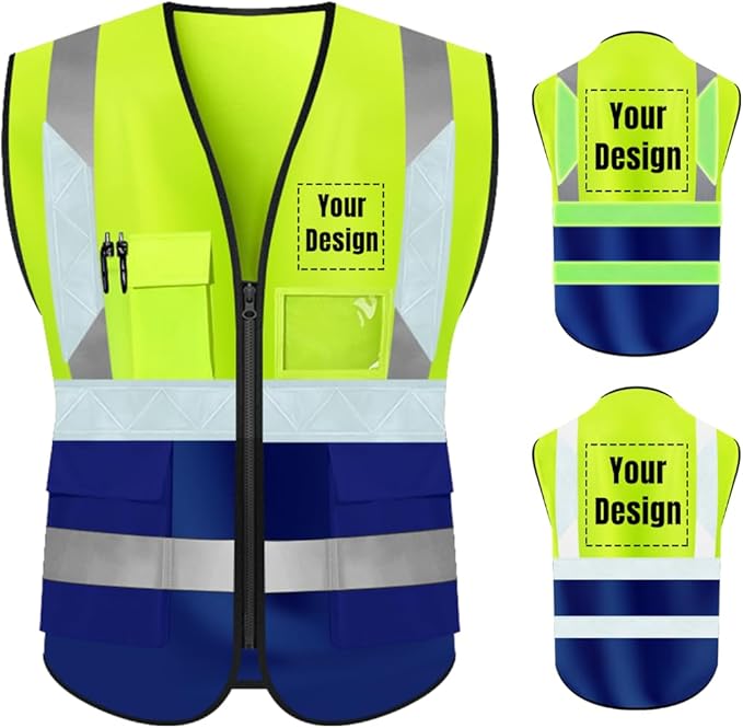 YOWESHOP High Visibility Safety Vest Custom Your Logo Protective Workwear 5 Pockets With Reflective Strips Outdoor Work Vest (2XL, Yellow Navy Luminous)