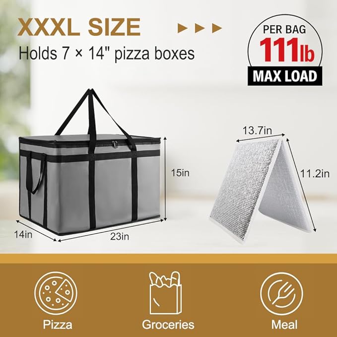 XXXL Insulated Food Delivery Bag - Reusable Thermal Cooler Grocery Bags for Catering & Delivery, Pizza Carrier for Events, Large Capacity Bag Keeps Food Hot/Cold for Shopping, Commercial (with Base)
