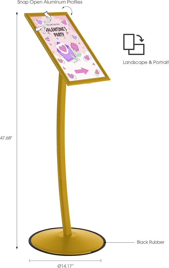 M&T Displays Simplistic Curved Menu Board 11x17 inch Gold Pedestal Sign Holder Floor Standing Aluminum Front Loading Easy Open Poster Advertisement Sign Holder for Restaurant Cafe Hotel