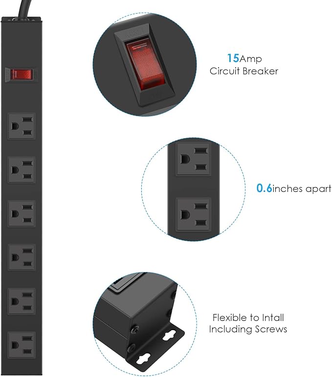 2Pack Metal Wall Mount Power Strip, Mountable Power Outlet with 6 AC Outlets, Aluminum Alloy Mount Power Socket with Switch, 10 FT SJT 3/C 14AWG Power Cord, 15A 125V 1875W (6AC)