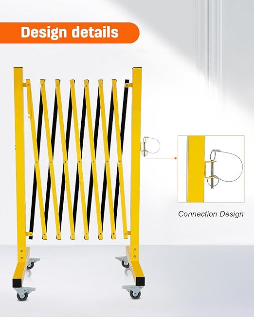 GCCSJ Industrial Expandable Metal Barricade with Wheels, 11.5 Feet Long Folding Security Gate, Retractable Metal Barrier for Construction Site Elevator Traffic Control Garage, Yellow and Black