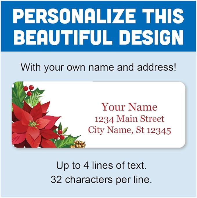 Personalized Return Address Labels - Christmas Poinsettias Flowers - 60-1000 Custom Self-Adhesive Stickers