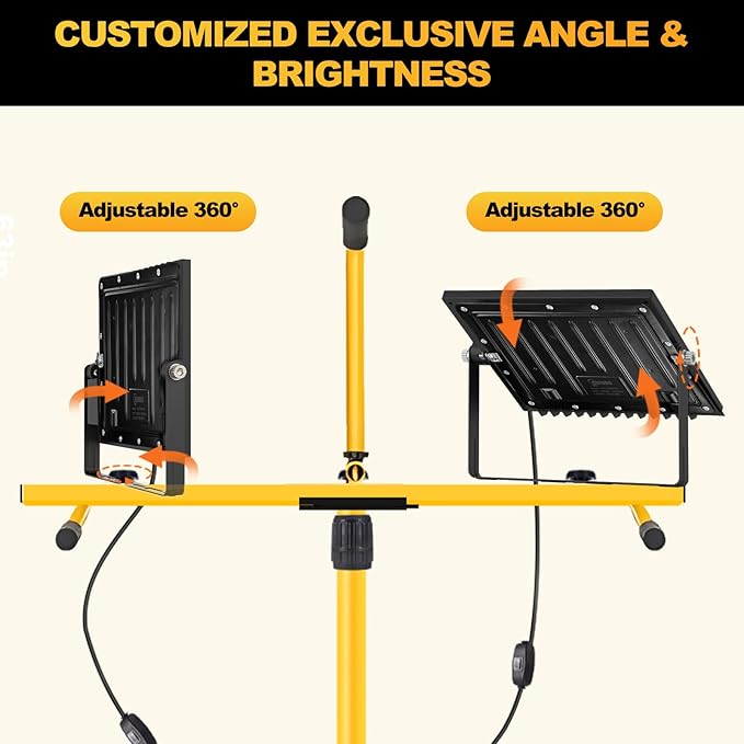 21000 Lumen LED Work Light with Stand, 2-Head Adjustable Lights with 16.5FT Extended Cord, IP65 Waterproof Work Lamp for Indoor & Outdoor Job Sites, Workshops, Construction, Garage Lighting