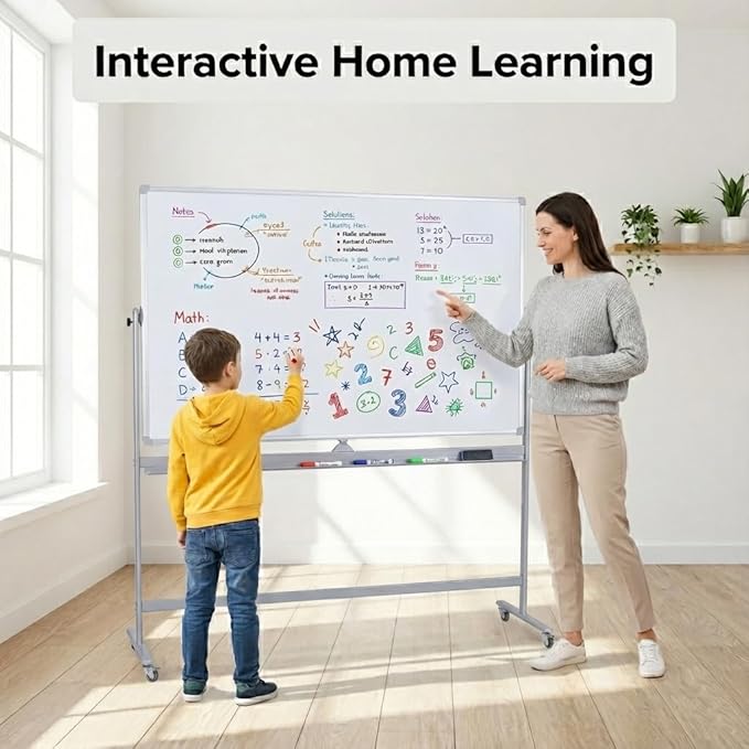 Double-Sided 72" x 48" Mobile Whiteboard, Extra Large Rolling Magnetic Dry Erase Board with Stand, Height Adjustable White Board Easel for Office, Classroom & Home