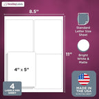 NextDayLabels – 4” x 5” Rectangular Sticker Labels for Printer - White Laser/Inkjet Printer Labels Return Address Labels Shipping Label Stickers (250 Sheets, 4 Per Sheet, 1000 Labels)