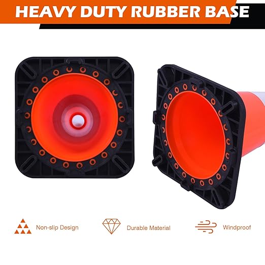 6 Pack 18 Inch Orange Reflective Traffic Cones, Black Base PVC Safety Cones for Construction Sites, Parking Control and Hazard Marking (6, Orange, 18 Inch)