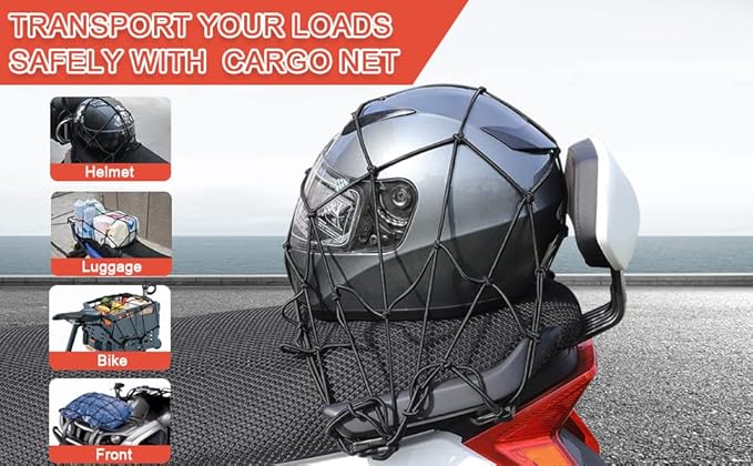 Cargo Net Motorcycle Fuel Tank Net Natural Latex Core, 15"x 15" Extends to 30"x 30" with 2"x 2" Mesh for Motorcycle Helmets, Bikes, ATVs, UTVs, Luggage (Black, 2 Pack)