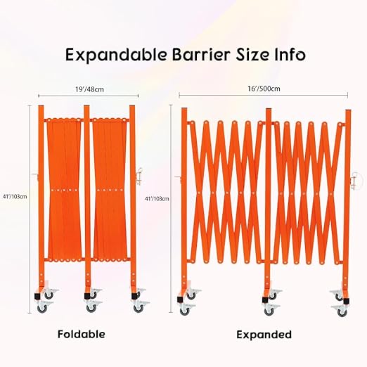 GYMTIME Expandable Metal Barricade, Portable Safety Barrier with Casters, Flexible Mobile Security Gate, Adjustable Traffic Fence for Shopping Mall, School, Warehouse, Orange, 16 Feet