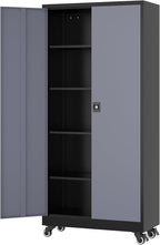 Metal Rolling Storage Cabinet-74.6” Tall Steel File Cabinets with Wheels Lockable Doors and Adjustable Shelves-Black & Gray Steel Storage Cabinet for Home, School, Office, Garage