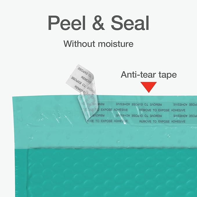 Quality Park Bubble Mailers, 4 x 8 Shipping Envelopes, Self-Seal, Small Teal Padded Envelopes, Redi-Strip Peel Off Closure, 50 Per Box (QUA85915)