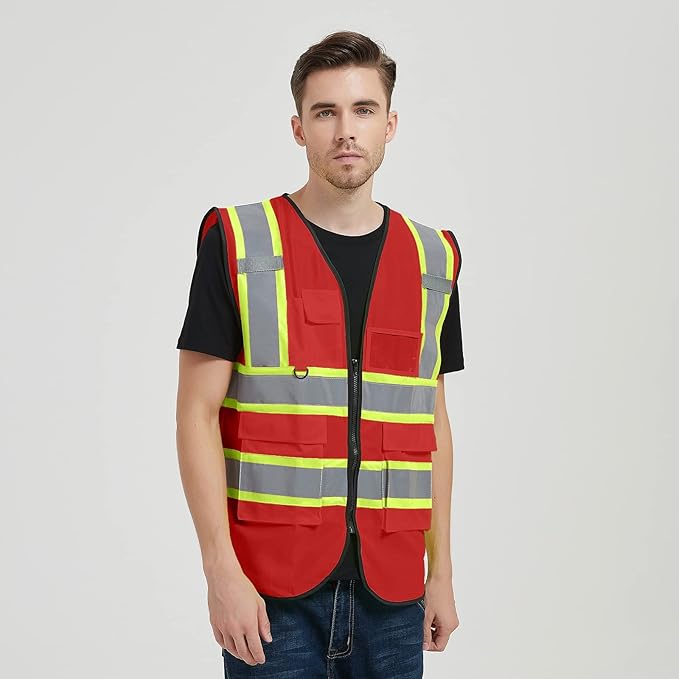 Safety Vest Reflective High Visibility with 5 Pockets ＆Zipper Class 2 Adult Unisex Construction Security Workwear