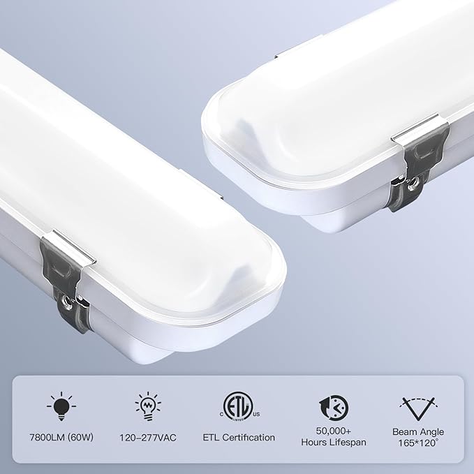 JTT 4FT LED Vapor Tight Light, 60W/50W/40W IP65 Waterproof LED Outdoor Indoor Shop Light 6000K/5000K/4000K CCT, Vapor Proof Fixture for Garage Shop Basement Barn Car-Wash, 6-Pack ETL
