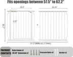 Extra Wide Baby Gate, 57.5-62 Inch - White Metal, Pressure Mounted Indoor Safety Gate, Walk-Through Dog Gate for Kids & Pets