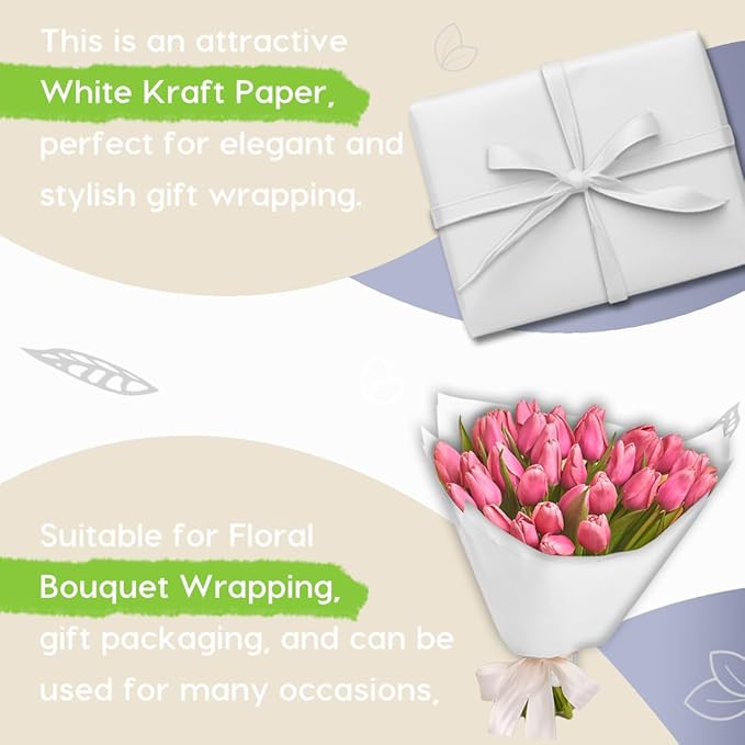 PerkHomy 24" x 1,440" (120') White Kraft Paper Roll for Craft Bulletin Board Paper Art Table Covering Crafting Gift Wrapping Bouquet Packing Parcel 80GSM 55LB (White, 24" x 120')