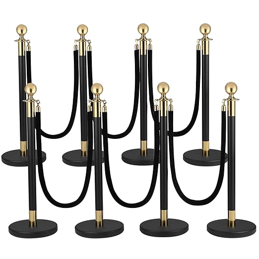 Crowd Control Barriers Black Gold Stanchions Posts, 8pcs Poles and Black Velvet Ropes 6pcs, Queue Barrier Line Divider with Fillable Plastic Base for Airport,Parties,Grand Opening