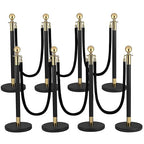 Crowd Control Barriers Black Gold Stanchions Posts, 8pcs Poles and Black Velvet Ropes 6pcs, Queue Barrier Line Divider with Fillable Plastic Base for Airport,Parties,Grand Opening