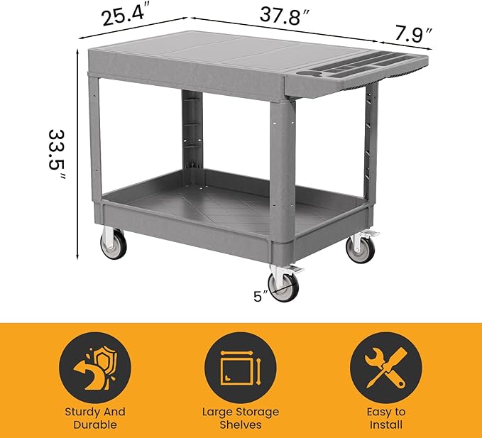 2-Tier Rolling Tool Cart,Heavy-Duty Plastic Service Cart with Lipped Shelves,550 lbs Capacity Utility Cart,Flat Top 46 x 26 Inch Rolling Work Carts for Garage,Salon,Kitchen,Office-Gray